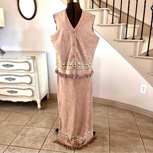 VINTAGE Notations Womens Sz Large Pull On Southwest Skirt & Vest Set Tan Fringe